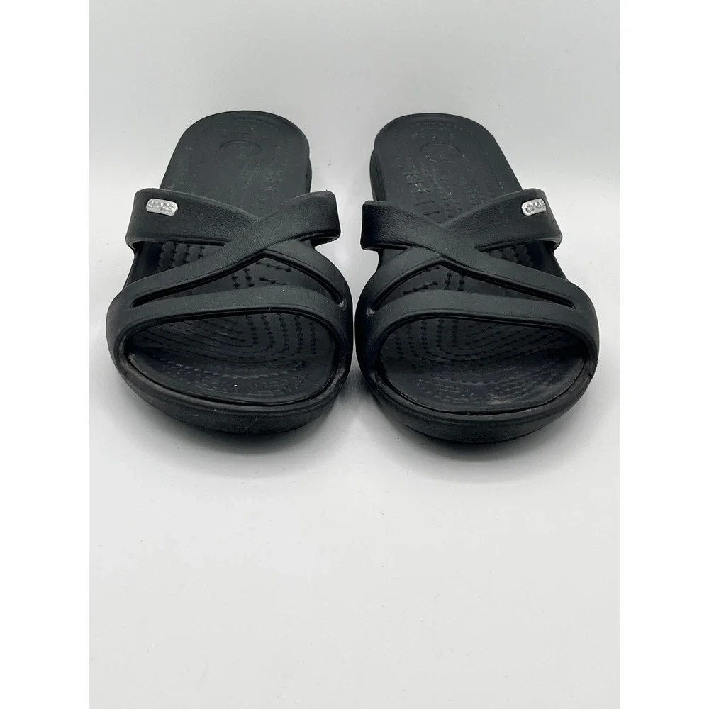 Crocs Meleen Black Strappy Wedge Sandals Women Size 6 Slip On Comfort Shoes